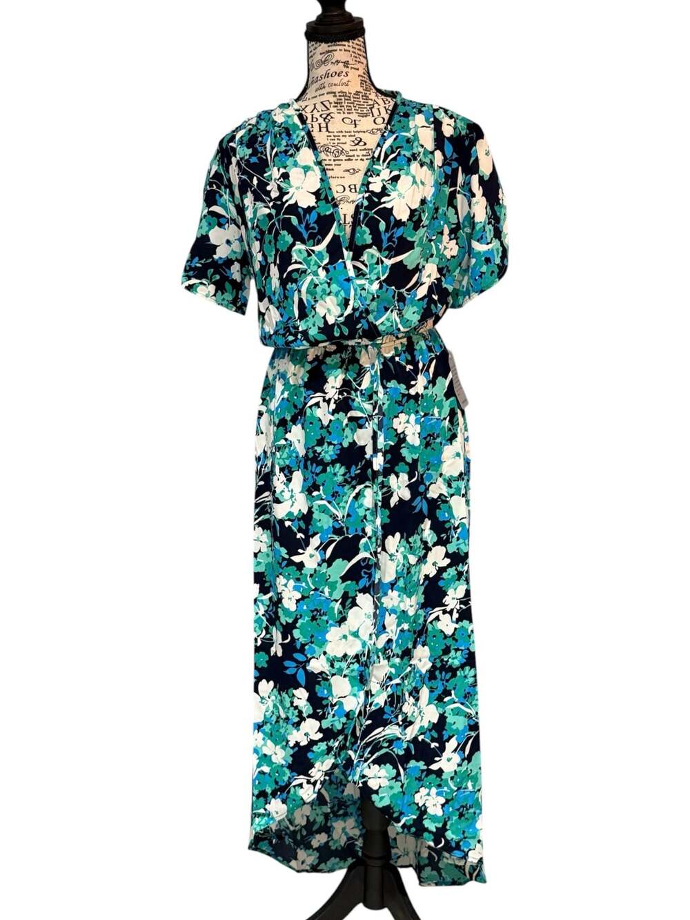 NWT Fraiche by J Blue Floral Maxi Dress Size Medium Faux Wrap Elastic Waist